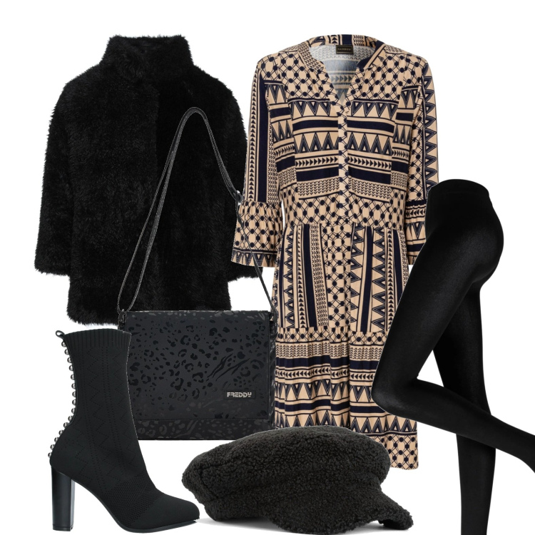 Outfit donna - Ghost outfitter - in città come Mary. Stile Casual chic per Tutti i giorni. Abbinamento con collant, vestiti, cappelli con visiera, cappotti, stivaletti, borse a tracolla.