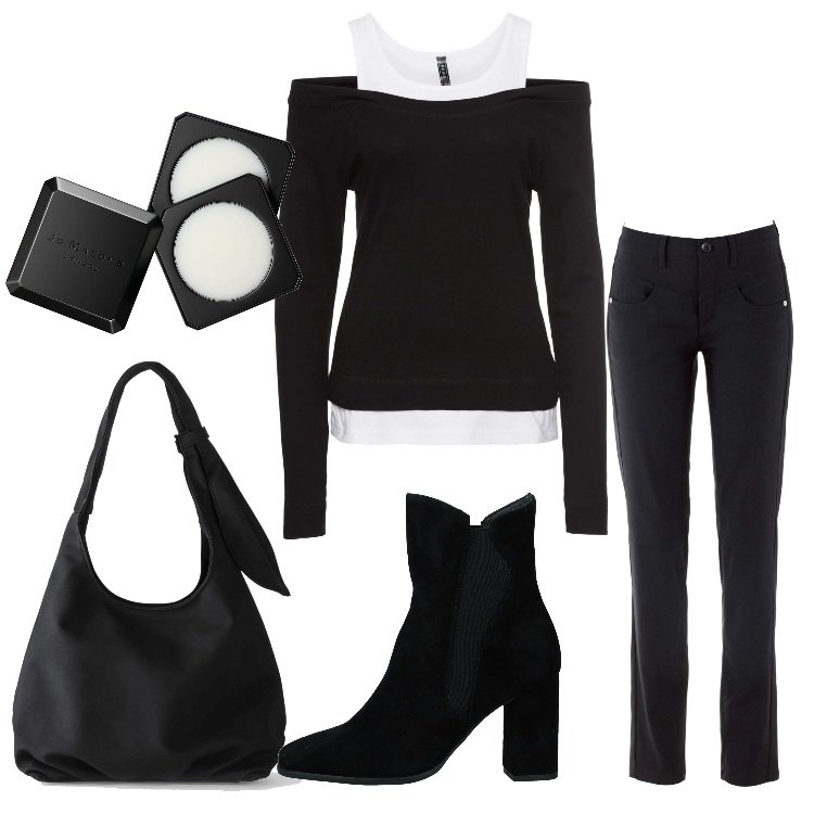 Outfit donna - Maglia effetto 2 in 1. Stile Casual per Tutti i giorni. Abbinamento con pantaloni, maglieria, borse a tracolla, stivaletti, profumi.