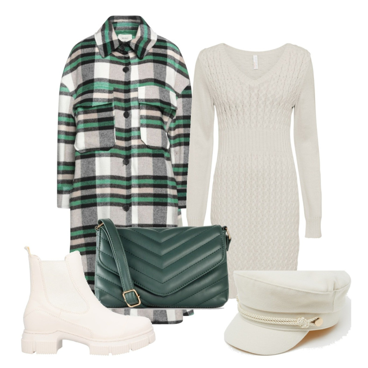 Outfit donna - Ghost outfitter - bianco col freddo. Stile Casual chic per Tutti i giorni. Abbinamento con vestiti, borse a tracolla, stivaletti, cappotti, cappelli con visiera.