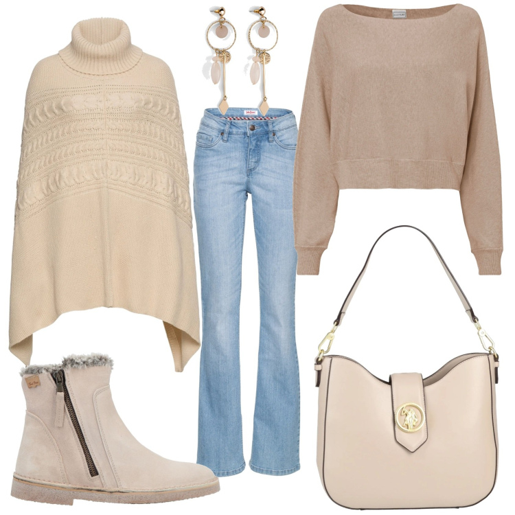 Outfit donna - Jeans e maglione beige comodo. Stile Trendy per Tutti i giorni. Abbinamento con jeans bootcut, orecchini, maglieria, cappotti, stivaletti, borse a mano.