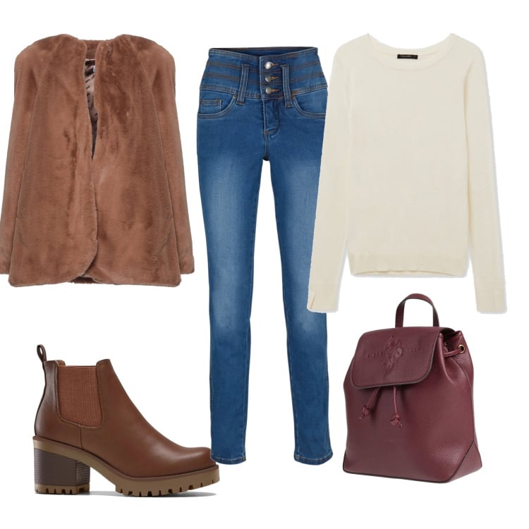 Outfit donna - Teddy coat a lezione. Stile Basic per Scuola/Università. Abbinamento con stivaletti chelsea, jeans, zaini, cappotti, maglieria.