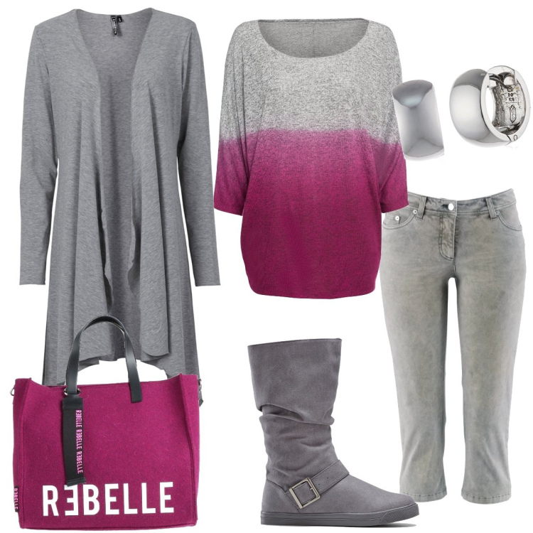 Outfit donna - Tempo libero. Stile Casual per Tutti i giorni. Abbinamento con borse a mano, cardigans, maglieria, pantaloni capri, stivali, orecchini.