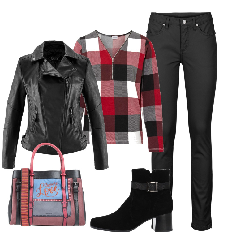 Outfit donna - La camicia a quadri e chiodo. Stile Casual per Tutti i giorni. Abbinamento con blazer, jeans skinny, maglieria, borse a mano, stivaletti.