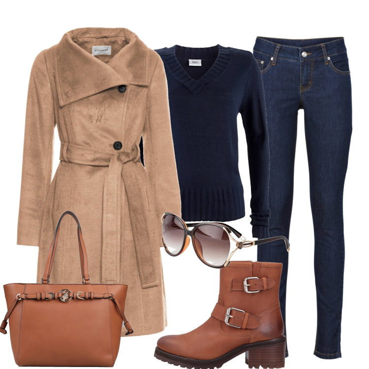 Outfit donna - In città. Stile Casual chic per Tutti i giorni. Abbinamento con jeans skinny, occhiali da sole, cappotti, maglieria, stivaletti, borse a mano.