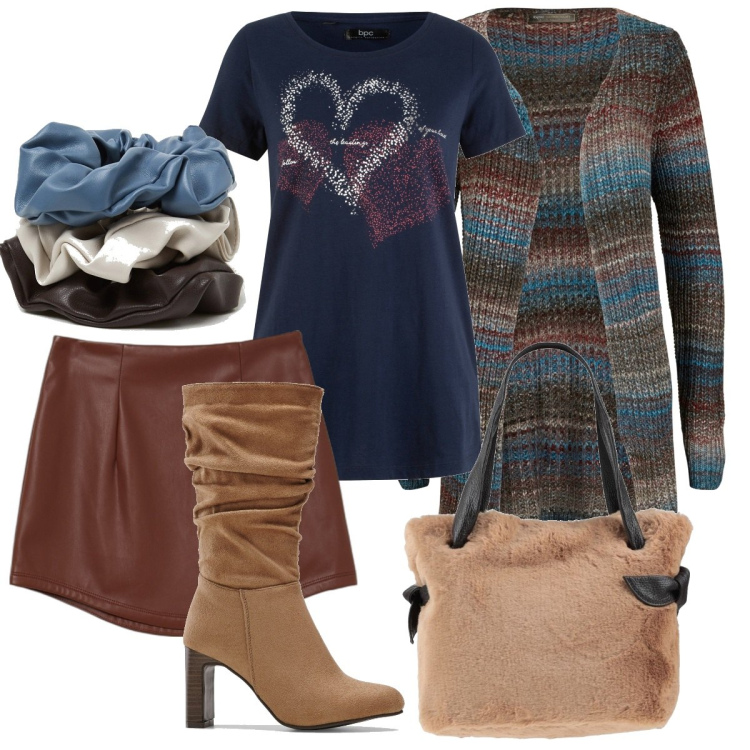 Outfit donna - La minigonna diventa casual. Stile Casual chic per Tutti i giorni. Abbinamento con t-shirt, cardigans, stivali, borse a mano, minigonne, accessori per capelli.