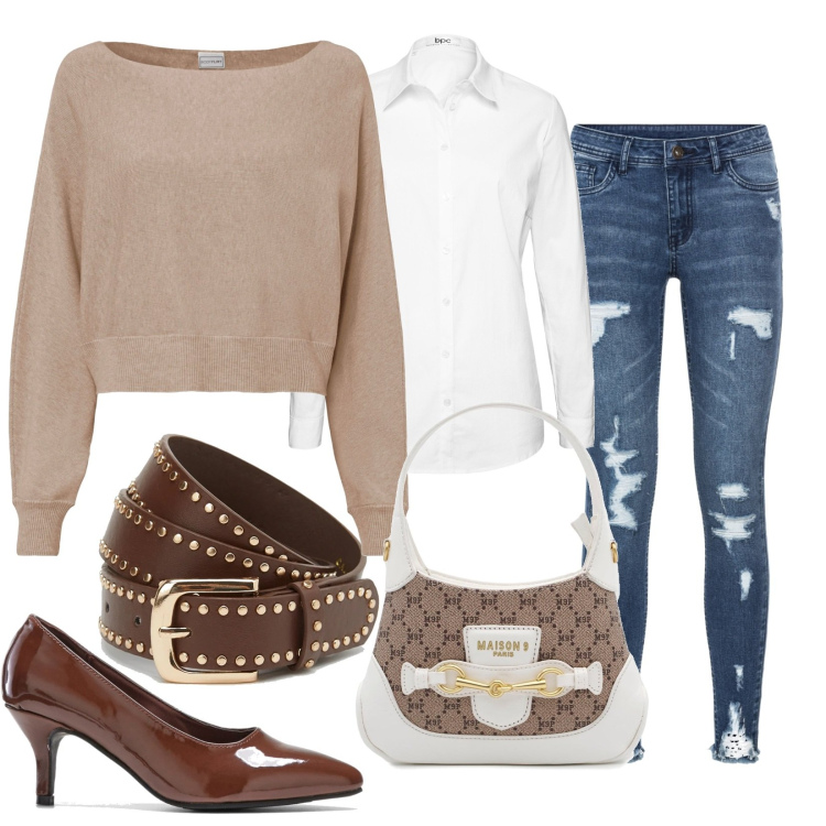 Outfit donna - Giro in centro con le amiche. Stile Casual chic per Tutti i giorni. Abbinamento con camicie, maglieria, jeans strappati, décolleté, borse a mano, cinture.