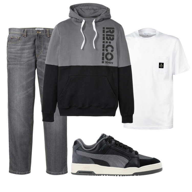 Outfit uomo - Felpa e jeans. Stile Casual per Tutti i giorni. Abbinamento con felpe con cappuccio, jeans dritti, sneakers, t-shirt.