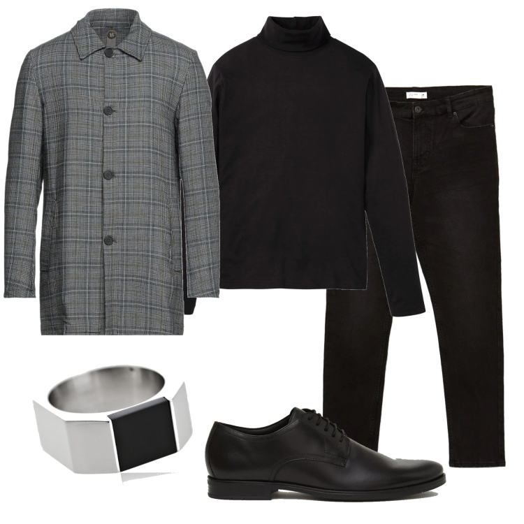 Outfit uomo - Trendy #10807. Stile Trendy per Serata speciale. Abbinamento con maglieria, cappotti, jeans skinny, scarpe stringate, anelli.