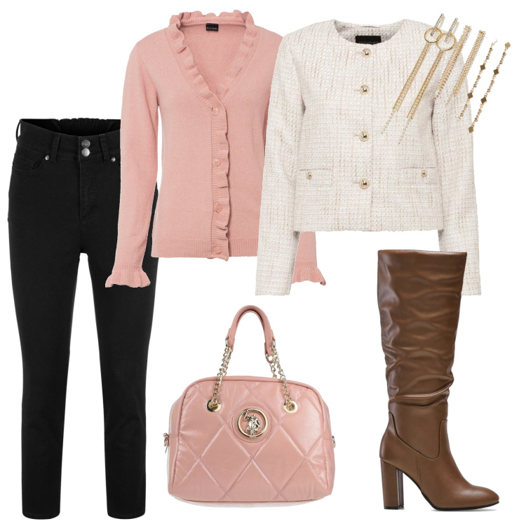 Outfit donna - Sweet Pink. Stile Bon Ton per Serata fuori. Abbinamento con jeans, cardigans, blazer, stivali, borse a mano, orecchini.