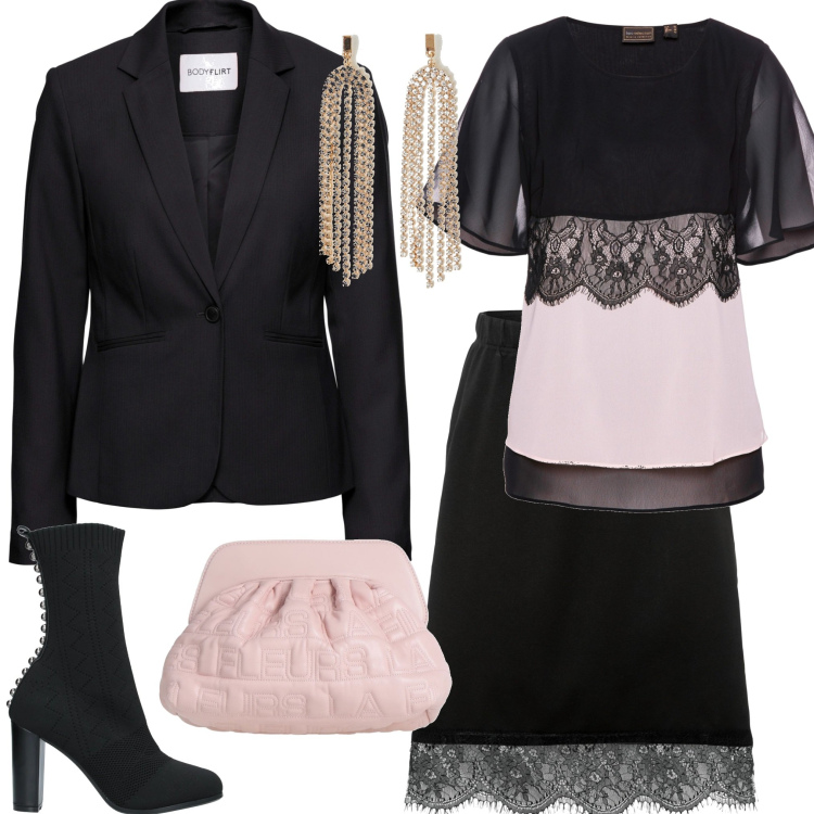 Outfit donna - Gonna nera e pizzo. Stile Sexy per Serata fuori. Abbinamento con blazer, gonne, tuniche, stivaletti, borse a mano, orecchini.
