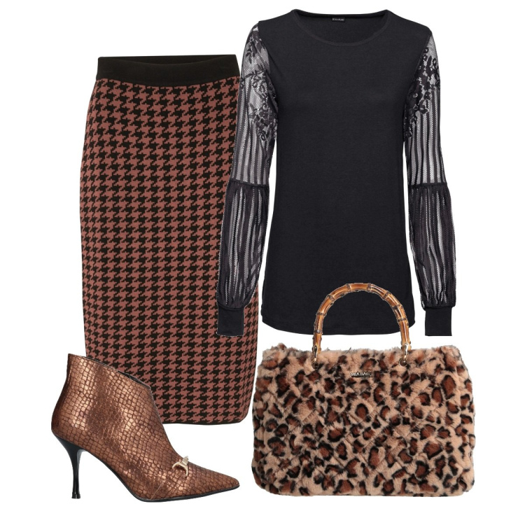 Outfit donna - Curvy. Stile Chic per Ufficio. Abbinamento con bluse, gonne, borse a mano, stivaletti.