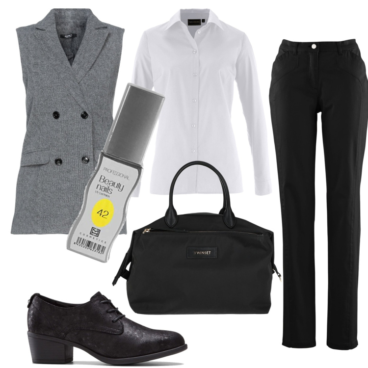 Outfit donna - I\'m serious. Stile Mannish per Ufficio. Abbinamento con camicie, francesine, pantaloni sportivi, blazer, borse a mano, smalti.