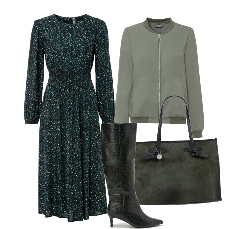Outfit donna - Ghost outfitter - bomber glam. Stile Glamour per Tutti i giorni. Abbinamento con vestiti midi/longuette, bomber, borse a mano, stivali.