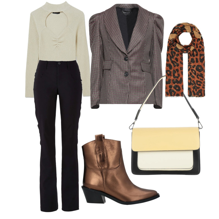 Outfit donna - Bella con pochi gesti. Stile Casual chic per Tutti i giorni. Abbinamento con pantaloni, stivaletti, blazer, borse a mano, stole, maglieria.