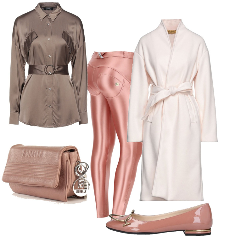 Outfit donna - Toni rosati. Stile Casual chic per Tutti i giorni. Abbinamento con camicie, ballerine, cappotti, pochette, pantaloni skinny.