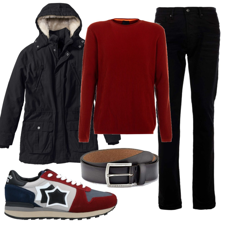 Outfit uomo - Total look #1446554. Stile Urban per Tutti i giorni. Abbinamento con parka, sneakers, maglieria, jeans, cinture.
