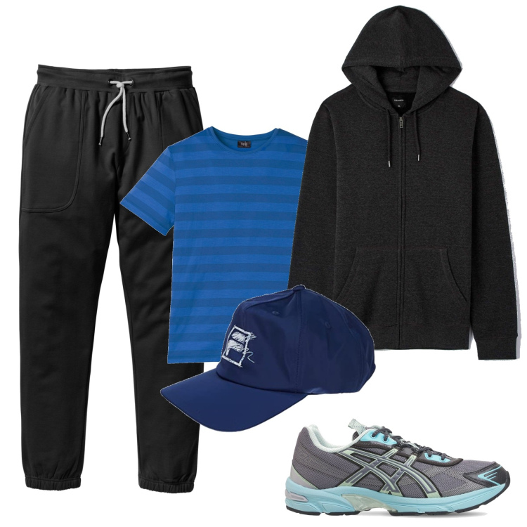 Outfit uomo - Corsetta nel Parco. Stile Trendy per Sport. Abbinamento con pantaloni sportivi, t-shirt, felpe con cappuccio, sneakers, cappelli con visiera.