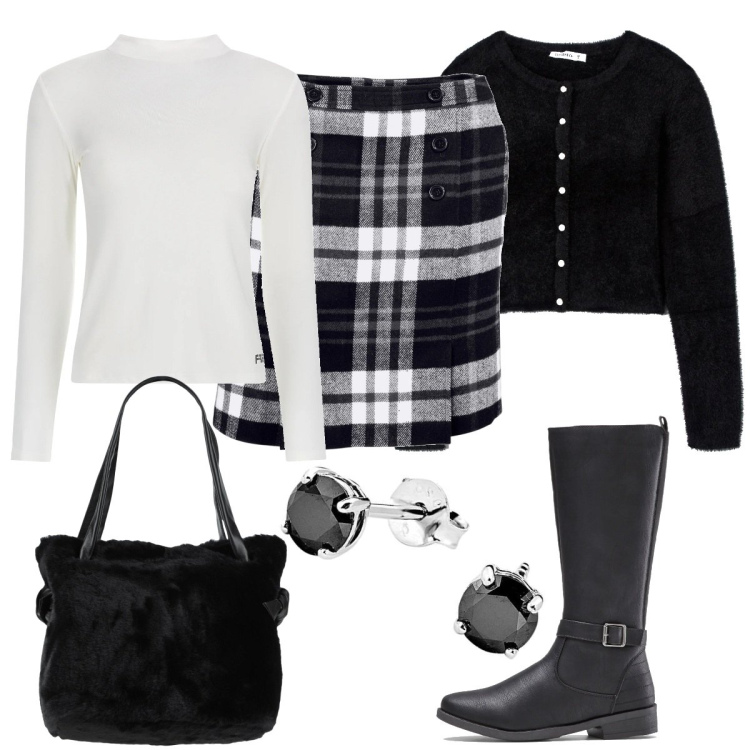 Outfit donna - Bon ton a quadri. Stile Bon Ton per Tutti i giorni. Abbinamento con stivali, minigonne, borse a mano, cardigans, maglieria, orecchini.