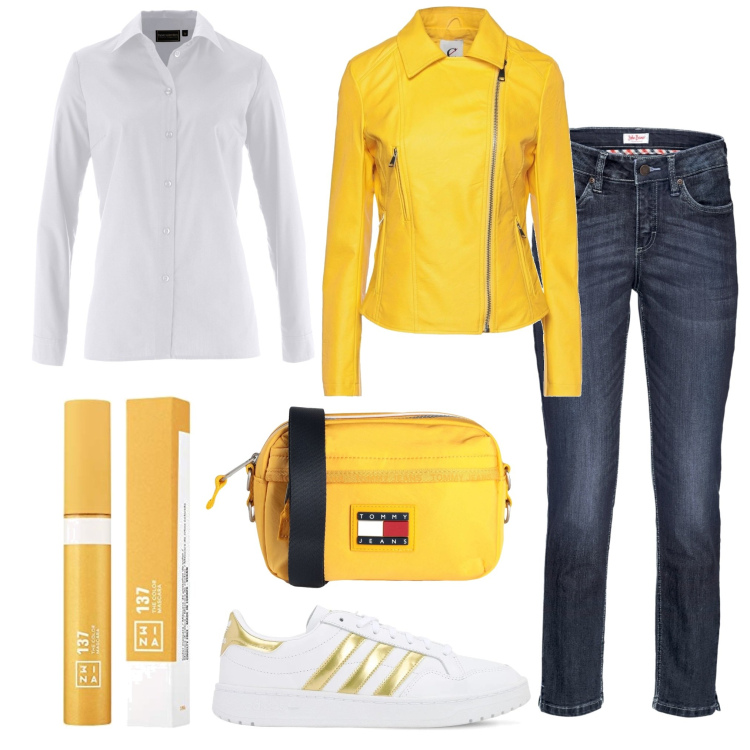 Outfit donna - Con le amiche. Stile Casual per Tutti i giorni. Abbinamento con jeans, camicie, giacche, borse a tracolla, sneakers, mascara.