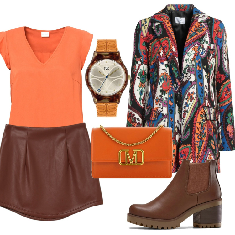 Outfit donna - Super colorata. Stile Casual chic per Tutti i giorni. Abbinamento con stivaletti chelsea, bluse, blazer, borse a tracolla, minigonne, orologi analogici.