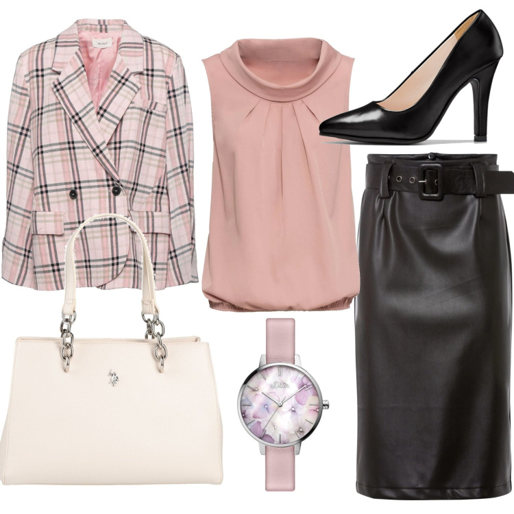 Outfit donna - Donna in carriera. Stile Chic per Ufficio. Abbinamento con blazer, borse a mano, top, gonne longuette, décolleté, orologi analogici.