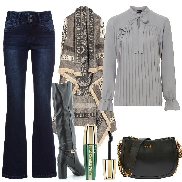 Outfit donna - Total look #1446752. Stile Trendy per Serata fuori. Abbinamento con jeans bootcut, bluse, cappotti, stivali sopra il ginocchio, clutch, mascara.