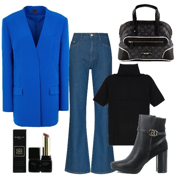 Outfit donna - Trendy #16532. Stile Trendy per Tutti i giorni. Abbinamento con blazer, maglieria, borse a mano, jeans dritti, stivaletti, rossetti.