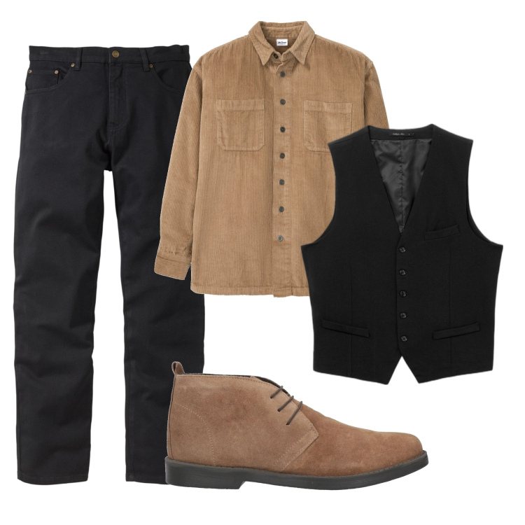 Outfit uomo - Accoppiata vincente di nero e cammello. Stile Trendy per Serata speciale. Abbinamento con jeans dritti, camicie, stivali e stivaletti, gilet.