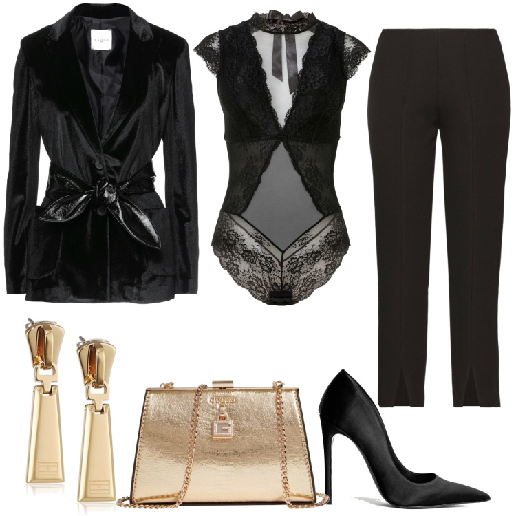 Outfit donna - Special night. Stile Sexy per Serata fuori. Abbinamento con body, blazer, pantaloni, clutch, décolleté, orecchini.