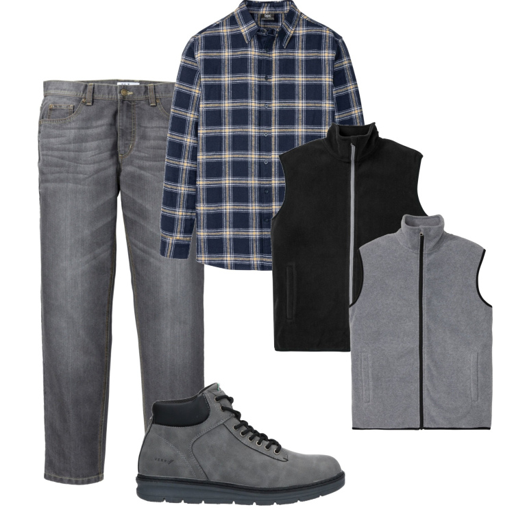 Outfit uomo - Gli smanicati caldi. Stile Urban per Tutti i giorni. Abbinamento con jeans dritti, gilet, camicie, stivali e stivaletti.