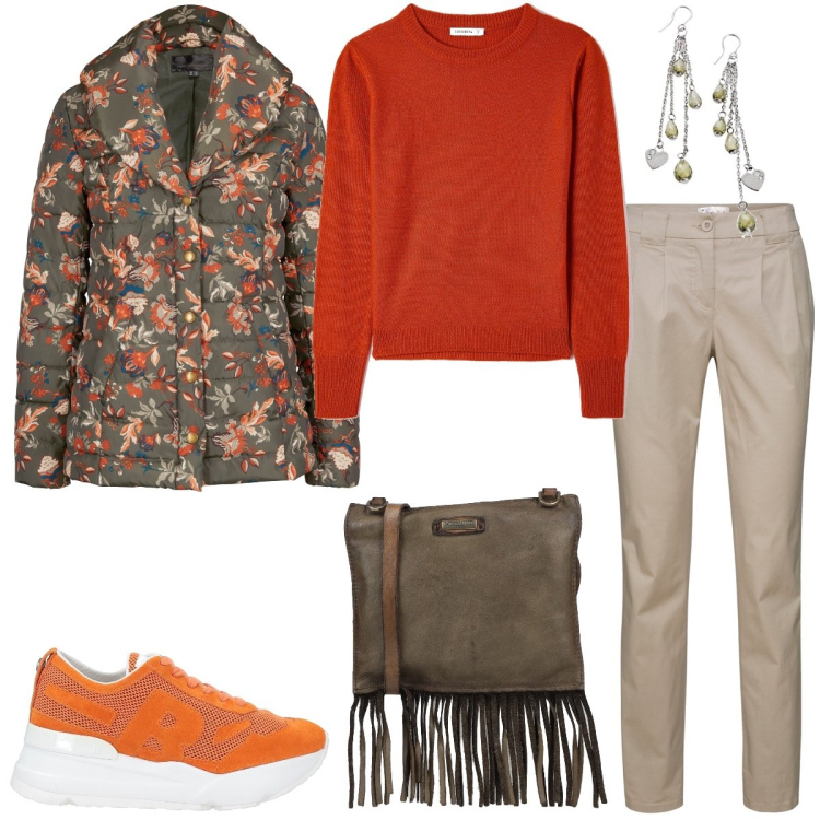 Outfit donna - Università. Stile Casual per Scuola/Università. Abbinamento con pantaloni chino, giacche, sneakers, borse a tracolla, maglieria, orecchini.