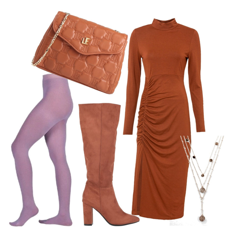 Outfit donna - Lo stile trendy attuale. Stile Trendy per Tutti i giorni. Abbinamento con vestiti, ciondoli, stivali, borse a tracolla, collant.