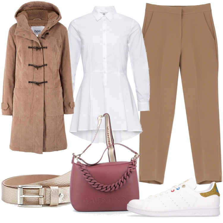 Outfit donna - Il beige. Stile Casual chic per Tutti i giorni. Abbinamento con montgomery, camicie, borse a tracolla, pantaloni capri, sneakers, cinture.