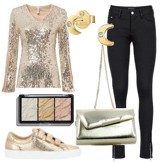 Outfit donna - colore metallico. Stile Glamour per Serata fuori. Abbinamento con pantaloni, maglieria, sneakers, clutch, ombretti, orecchini.