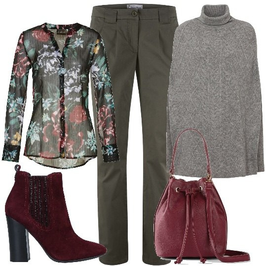 Outfit donna - Stile trendy attuale. Stile Trendy per Ufficio. Abbinamento con pantaloni chino, camicie, gilet, borse a mano, stivaletti.