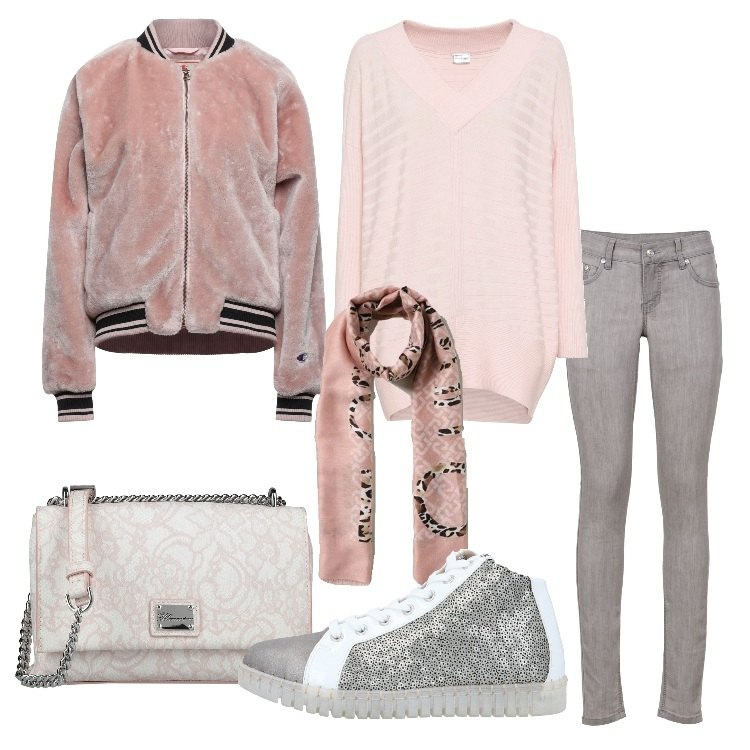 Outfit donna - Il rosa tenue intramontabile. Stile Casual per Scuola/Università. Abbinamento con jeans skinny, maglieria, sneakers, cappotti, borse a tracolla, stole.