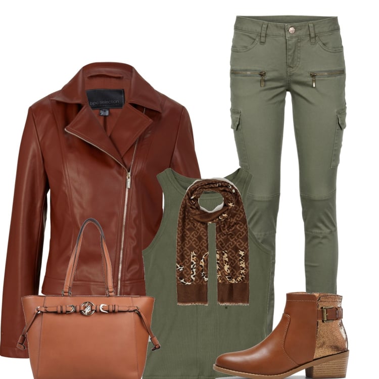 Outfit donna - Cargo e jacket. Stile Casual chic per Tutti i giorni. Abbinamento con pantaloni cargo, giacche, stivaletti, borse a mano, stole, canottiere.