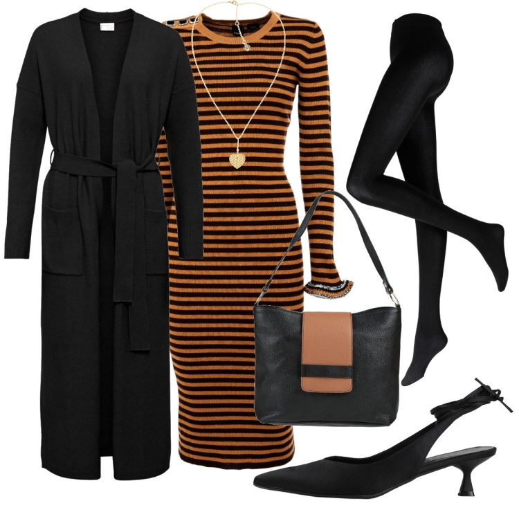 Outfit donna - Abitino a righe chic. Stile Chic per Serata fuori. Abbinamento con collant, cardigans, décolleté, borse a spalla, vestiti midi/longuette, ciondoli.