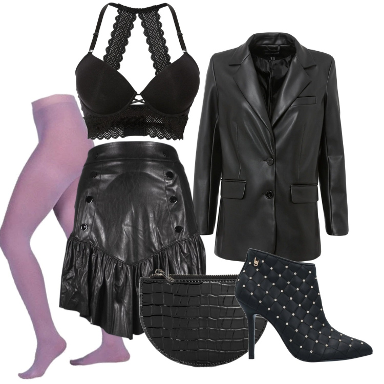 Outfit donna - Lo stile originale per una serata fuori. Stile Glamour per Serata fuori. Abbinamento con portafogli, reggiseni, blazer, stivaletti, gonne, collant.