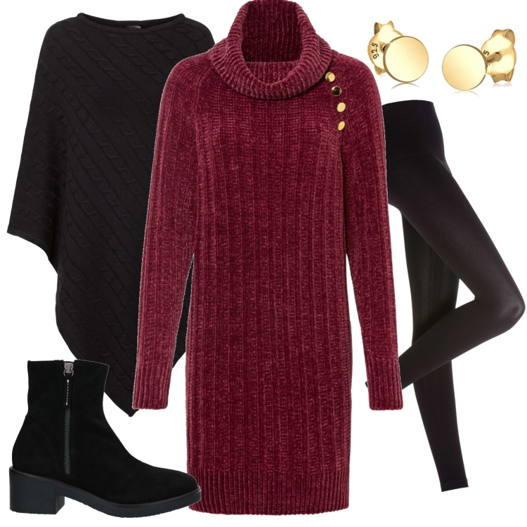 Outfit donna - Pullover e leggings. Stile Casual per Tutti i giorni. Abbinamento con leggings, maglieria, cappotti, stivaletti, orecchini.