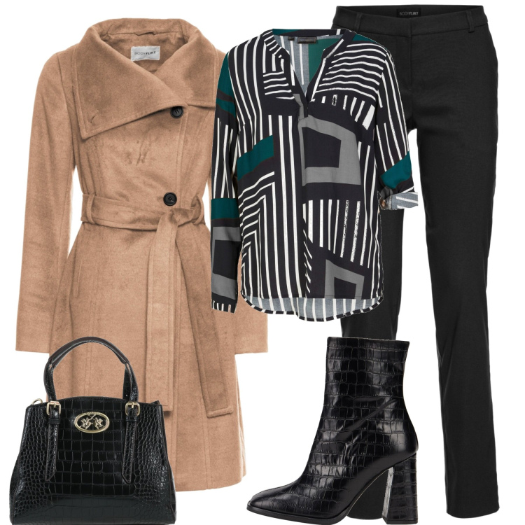 Outfit donna - In ufficio. Stile Casual chic per Ufficio. Abbinamento con pantaloni, tuniche, cappotti, stivaletti, borse a mano.