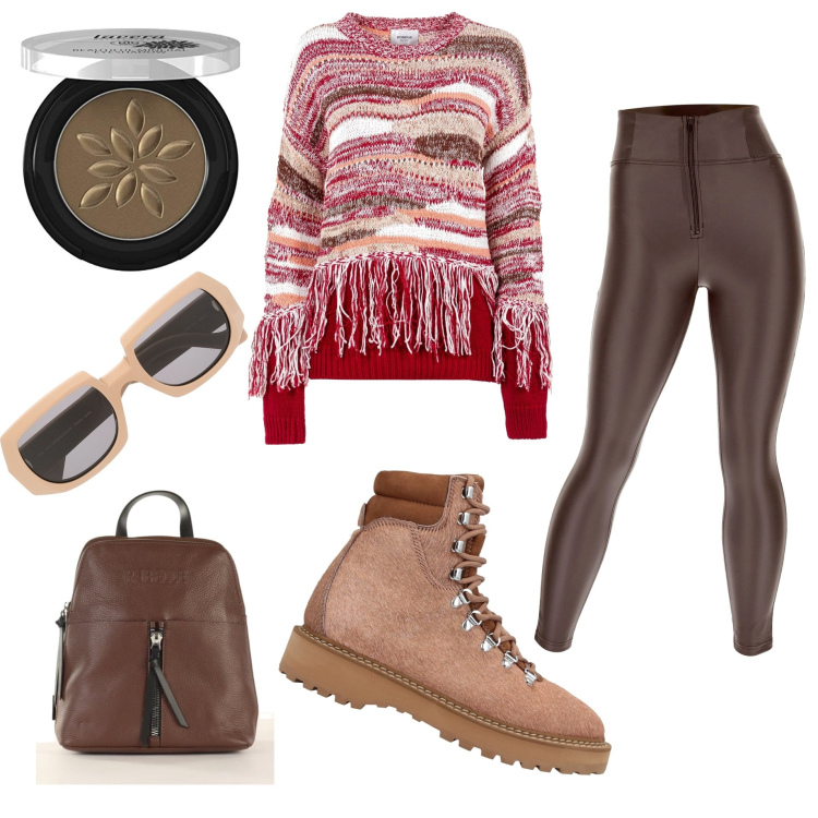 Outfit donna - Passeggiata in montagna. Stile Sporty chic per Tutti i giorni. Abbinamento con stivaletti, pullovers, zaini, occhiali da sole, pantaloni skinny, ombretti.