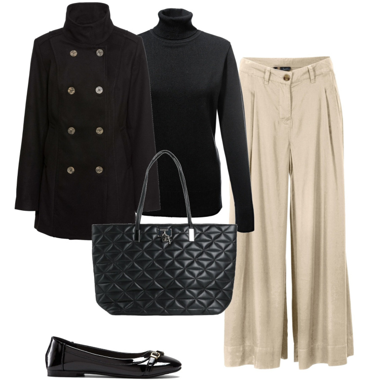 Outfit donna - Il pantalone ampio. Stile Minimal per Tutti i giorni. Abbinamento con maglieria, pantaloni capri, caban, ballerine, borse a spalla.