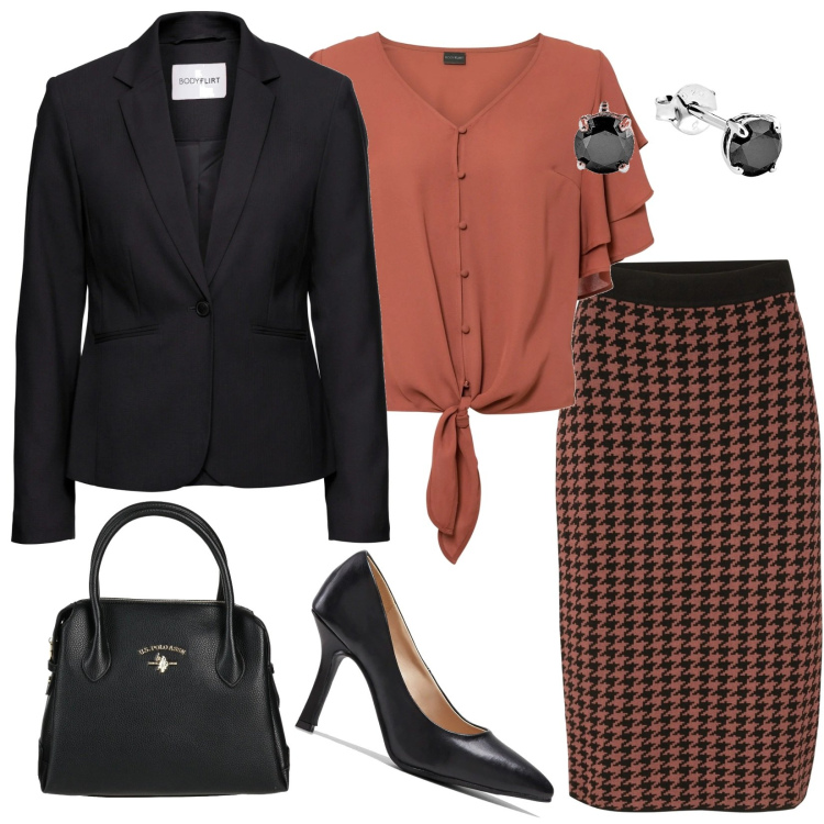 Outfit donna - Eleganza in ufficio. Stile Chic per Ufficio. Abbinamento con blazer, gonne, camicie, décolleté, borse a mano, orecchini.