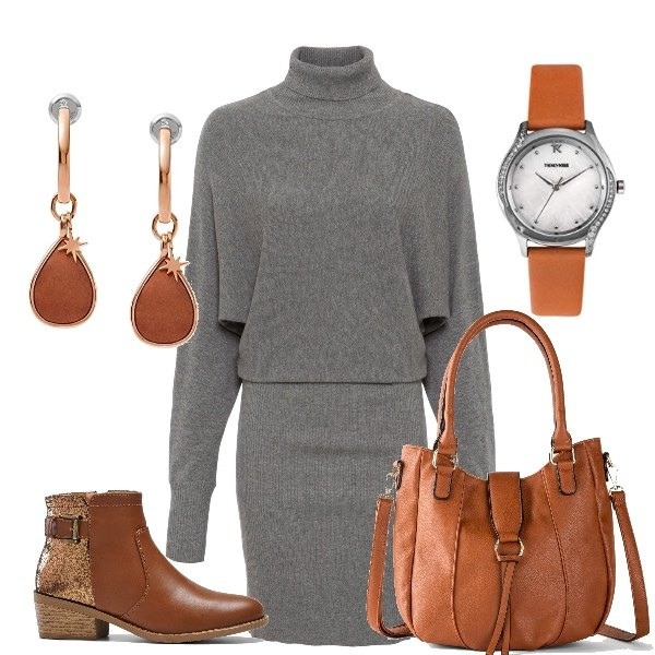 Outfit donna - My shape, my cozy grey. Stile Casual chic per Tutti i giorni. Abbinamento con vestiti, borse a mano, stivaletti, orecchini, orologi.