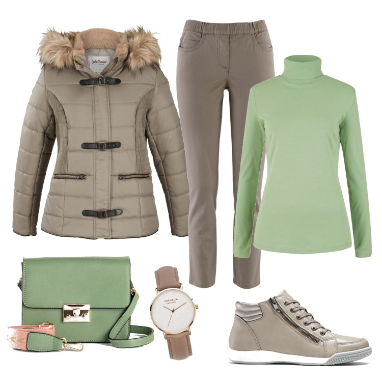 Outfit donna - Comoda e calda. Stile Casual per Tutti i giorni. Abbinamento con pantaloni, giacche, maglieria, sneakers alte, borse a tracolla, orologi analogici.