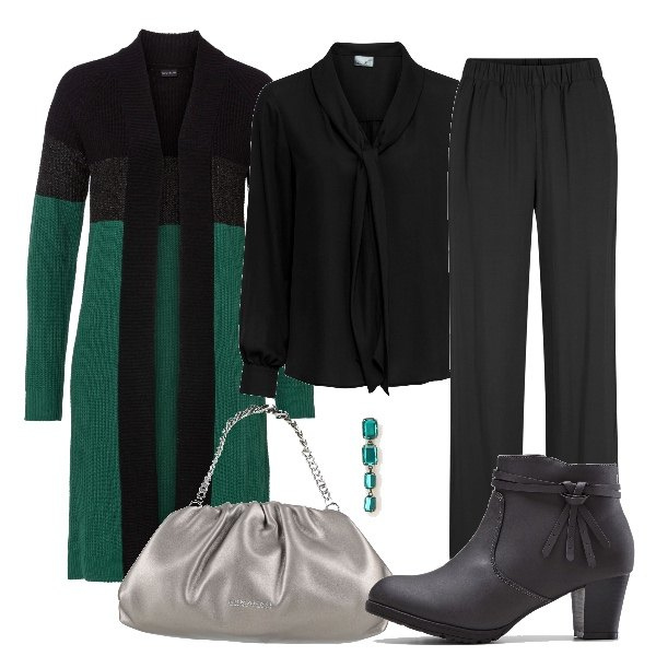 Outfit donna - Oggi mi sento una signora. Stile Chic per Tutti i giorni. Abbinamento con pantaloni, stivaletti, cardigans, camicie, borse a mano, orecchini.