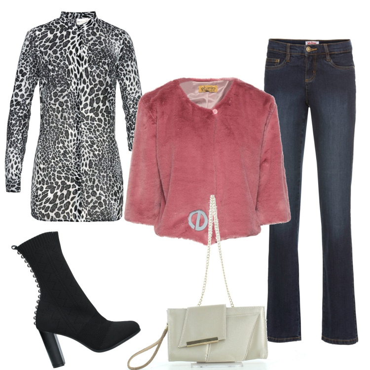 Outfit donna - Sabato sera. Stile Trendy per Serata fuori. Abbinamento con camicie, jeans bootcut, stivaletti, cappotti, clutch.