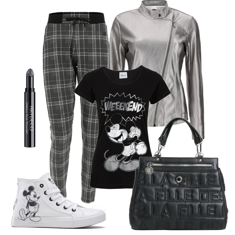 Outfit donna - Il "biker" argentato. Stile Trendy per Scuola/Università. Abbinamento con t-shirt, sneakers alte, borse a mano, pantaloni, giacche, ombretti.