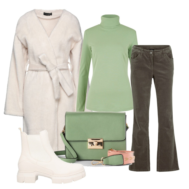 Outfit donna - Ghost outfitter - burro e salvia vince. Stile Basic per Tutti i giorni. Abbinamento con pantaloni, maglieria, borse a tracolla, cappotti, stivaletti.